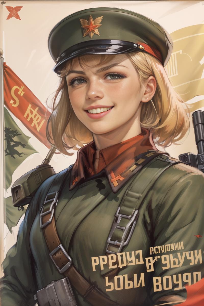 02106-3398663632-(best quality_1.2),blond women with gun, red t-shirt with soviet sign, smile, Brown hair soldier man with flag,_looking at camer.png